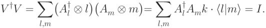 V^\dagger V=\sum_{l,m}\bigl(A_l^\dagger\otimes\bra{l}\bigr) \bigl(A^{\ms}_m\otimes\ket{m}\bigl)= \sum_{l,m} A_l^\dagger{}A^{\ms}_m\ket{k}\cdot\langle l|m\rangle = I.