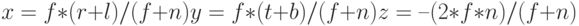 x = f*(r+l)/(f+n)\\
y = f*(t+b)/ (f+n)\\
z =–(2*f*n)/ (f+n)\\