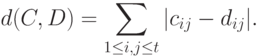 d(C,D)=\sum_{1\le i,j\le t}|c_{ij}-d_{ij}|.