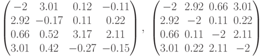 \left(\begin{matrix}-2&3.01&0.12&-0.11\\2.92&-0.17&0.11&0.22\\0.66&0.52&3.17&2.11\\3.01&0.42&-0.27&-0.15\end{matrix}\right)
,\ \left(\begin{matrix}-2&2.92&0.66&3.01\\2.92&-2&0.11&0.22\\0.66&0.11&-2&2.11\\3.01&0.22&2.11&-2\end{matrix}\right)