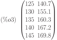 (\%o3)\  \begin{pmatrix}
125 & 140.7\cr 130 & 155.1\cr 135 & 160.3\cr 140 & 167.2\cr 145 & 169.8
\end{pmatrix}