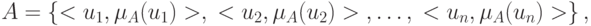 A = \left\{ { < u_1 ,\mu _A (u_1 ) > ,\; < u_2 ,\mu _A (u_2 ) >
\;,\ldots ,\; < u_n ,\mu _A (u_n ) > } \right\},