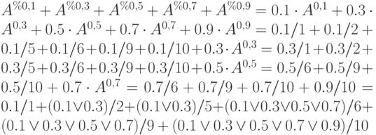 A^{\%0,1}+A^{\%0,3}+ A^{\%0,5}+ A^{\%0,7}+ A^{\%0,9}=0.1\cdot A^{0,1}+0.3\cdot A^{0,3}+ 0.5\cdot A^{0,5}+ 0.7\cdot A^{0,7} + 0.9\cdot A^{0,9}=0.1/1+0.1/2+0.1/5+0.1/6+0.1/9+0.1/10+0.3\cdot A^{0,3}=0.3/1+0.3/2+0.3/5+0.3/6+0.3/9+0.3/10+0.5\cdot A^{0,5}=0.5/6+0.5/9+0.5/10+0.7\cdot A^{0,7}=0.7/6+0.7/9+0.7/10+0.9/10=0.1/1+(0.1\vee 0.3)/2 + (0.1\vee 0.3)/5+ (0.1 \vee 0.3 \vee 0.5 \vee 0.7)/6+(0.1 \vee 0.3 \vee 0.5\vee 0.7)/9 + (0.1 \vee 0.3 \vee 0.5 \vee 0.7 \vee 0.9)/10