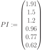 PI:=\begin{pmatrix} 1.91 \\ 1.5 \\ 1.2 \\ 0.96 \\ 0.77 \\ 0.62 \end{pmatrix}