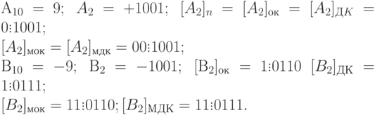 А_{10} = 9;\;  A_2=+1001;\;  [A_2]_n=[A_2]_{ок}=[A_2]_{ДK}= 0 \vdots 1001;\\
\[[A_2\]]_{мок}=[A_2]_{мдк}=00 \vdots 1001;\\
В_{10}=- 9;\; В_2 =-1001;\; [В_2]_{ок}= 1 \vdots 0110 \; [B_2]_{ДК}=1\vdots  0111;\\
\[[B_2\]]_{мок}=11 \vdots 0110; [B_2]_{МДК}=11 \vdots 0111.