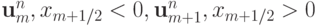 \mathbf{u}_m^{n}, x_{m + 1/2} < 0, \mathbf{u}_{m + 1}^{n}, x_{m + 1/2} > 0