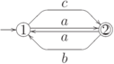 \objectwidth={5mm} \objectheight={5mm} \let\objectstyle=\scriptstyle
\xymatrix {
  *=[o][F-]{1}
 \ar @`{+/l16mm/} [] ^{}
 \ar `ur_r{+/u7mm/}`r_dr{[0,2]}^{c} "1,3"  
 \ar  "1,3" <0.6mm> ^{a}
& 
& *=[o][F=]{2}
 \ar  "1,1" <0.6mm> ^{a}
 \ar `dl_l{+/d7mm/}`l_ul{[0,-2]}^{b} "1,1"  
}