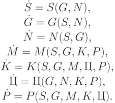 \begin{array}{c}
\dot S = S(G,N),\\
\dot G = G(S,N),\\
\dot N = N(S,G),\\
\dot M=M(S,G,K,P),\\
\dot K = K(S,G,M, Ц,P),\\
\dot Ц = Ц(G,N,K,P), \\
\dot P = P(S,G,M,K,Ц).
 \end{array}