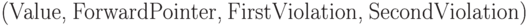\eq*{
({\rm Value}, {\rm ForwardPointer}, {\rm FirstViolation},
{\rm SecondViolation})
}