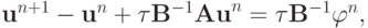 {\mathbf{u}}^{n + 1} - {\mathbf{u}}^{n} +{\tau}{\mathbf{B}}^{- 1}{\mathbf{Au}}^{n} ={\tau}{\mathbf{B}}^{- 1} {\varphi}^{n},