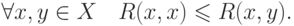 \forall x,y \in X\quad R(x,x) \leqslant R(x,y)
.