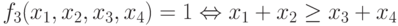 f_{3}(x_{1},x_{2}, x_{3}, x_{4}) = 1 \Leftrightarrow  x_{1} + x_{2} \ge  x_{3} + x_{4}