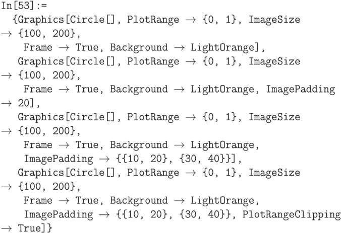 \tt
In[53]:=\\
\phantom{In}\{Graphics[Circle[], PlotRange $\to$ \{0, 1\}, ImageSize $\to$ \{100, 200\}, \\
\phantom{In\{G}Frame $\to$ True, Background $\to$ LightOrange], \\
\phantom{In\{}Graphics[Circle[], PlotRange $\to$ \{0, 1\}, ImageSize $\to$ \{100, 200\}, \\
\phantom{In\{G}Frame $\to$ True, Background $\to$ LightOrange, ImagePadding $\to$ 20], \\
\phantom{In\{}Graphics[Circle[], PlotRange $\to$ \{0, 1\}, ImageSize $\to$ \{100, 200\}, \\
\phantom{In\{G}Frame $\to$ True, Background $\to$ LightOrange, \\
\phantom{In\{G}ImagePadding $\to$ \{\{10, 20\}, \{30, 40\}\}], \\
\phantom{In\{}Graphics[Circle[], PlotRange $\to$ \{0, 1\}, ImageSize $\to$ \{100, 200\}, \\
\phantom{In\{G}Frame $\to$ True, Background $\to$ LightOrange, \\
\phantom{In\{G}ImagePadding $\to$ \{\{10, 20\}, \{30, 40\}\}, PlotRangeClipping $\to$ True]\}