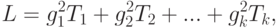 L=g_1^2 T_1+g_2^2 T_2+...+g_k^2 T_k,