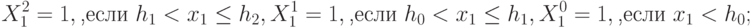 X_1^2 = 1,\text{,если } h_1 < x_1 \le h_2, \\
X_1^1 = 1,\text{,если } h_0 < x_1 \le h_1, \\
X_1^0 = 1,\text{,если } x_1 < h_0;