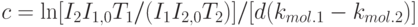 c=\ln[I_2I_{1,0}T_1/(I_1I_{2,0}T_2)]/[d(k_{mol.1}-k_{mol.2})]