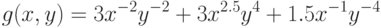 g(x,y) = 3  x^{-2}y^{-2} + 3  x^{2. 5}y^{4} + 1. 5 x^{-1}y^{-4}