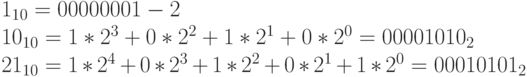 1_{10}=0000 0001-2\\
10_{10}=1*2^3+0*2^2+1*2^1+0*2^0=0000 1010_2\\
21_{10}=1*2^4+0*2^3+1*2^2+0*2^1+1*2^0=0001 0101_2