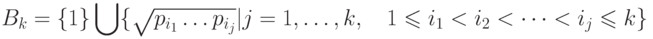 B_k= \{ 1\} \bigcup \{ \sqrt{p_{i_1}\dots p_{i_j}} | j = 1,  \dots,  k,\quad
 1\leq i_1 < i_2 < \dots < i_j\leq k\}