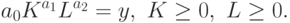 a_0 {K}^{a_1} {L}^{a_2}=y,\ K\geq 0,\ L\geq 0.