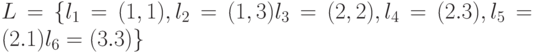 L=\{l_1=(1,1), l_2=(1,3) l_3=(2,2), l_4=(2.3), l_5=(2.1) l_6=(3.3)\}