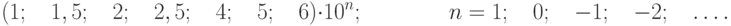 (1;\quad 1,5;\quad 2;\quad 2,5;\quad 4;\quad 5;\quad 6)\cdot10^{n};\qquad\qquad n =1;\quad 0;\quad -1;\quad - 2;\quad\ldots.