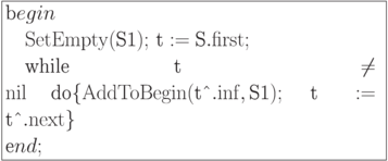 \formula{
\t begin\\
\mbox{}\q {\rm SetEmpty}(\t{S1});\, \t{t} := \t{S}.{\rm first};\\
\mbox{}\q \t{while}\  \t{t} \ne
{\rm nil}\ \t{do}
\{{\rm AddToBegin}(\t{t\^{}}.{\rm inf}, \t{S1});\  \t{t} :=
\t{t\^{}}.{\rm next}\}\\
\t end;
}