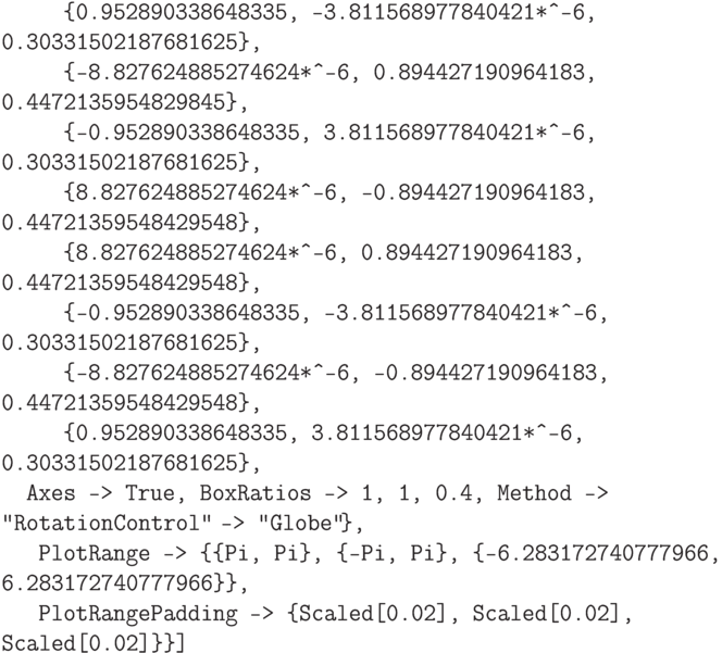 \tt
\phantom{OuGra}\{0.952890338648335, -3.811568977840421*\^\,\!-6, 0.30331502187681625\},\\
\phantom{OuGra}\{-8.827624885274624*\^\,\!-6, 0.894427190964183, 0.4472135954829845\},\\
\phantom{OuGra}\{-0.952890338648335, 3.811568977840421*\^\,\!-6, 0.30331502187681625\},\\
\phantom{OuGra}\{8.827624885274624*\^\,\!-6, -0.894427190964183, 0.44721359548429548\},\\
\phantom{OuGra}\{8.827624885274624*\^\,\!-6, 0.894427190964183, 0.44721359548429548\},\\
\phantom{OuGra}\{-0.952890338648335, -3.811568977840421*\^\,\!-6, 0.30331502187681625\},\\
\phantom{OuGra}\{-8.827624885274624*\^\,\!-6, -0.894427190964183, 0.44721359548429548\},\\
\phantom{OuGra}\{0.952890338648335, 3.811568977840421*\^\,\!-6, 0.30331502187681625\},\\
\phantom{Ou}{Axes -> True, BoxRatios -> {1, 1, 0.4}, Method -> {"RotationControl"\ \!\!\!\! -> "Globe"\ \!\!\!\!\},\\
\phantom{OuG}PlotRange -> \{\{Pi, Pi\}, \{-Pi, Pi\}, \{-6.283172740777966, 6.283172740777966\}\},\\
\phantom{OuG}PlotRangePadding -> \{Scaled[0.02], Scaled[0.02], Scaled[0.02]\}\}]