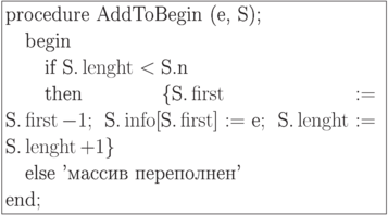 \formula{
\t{procedure AddToBegin (e,
S);}\\
\mbox{}\q \t{begin}\\
\mbox{}\qq \t{if}\ \t{S.}\length <
\t{S.n}\\
\mbox{}\qq \t{then}\ \t{\{S.}\first
\!:=\! \t{S.}\first - 1;\
\t{S.}\info[\t{S.}\first] \!:=\! \t{e};\ \t{S.}\length \!:=\! \t{S.}\length +
1\}\\
\mbox{}\q \t{else 'массив
переполнен'}\\
\t{end};}