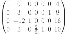 \begin{pmatrix}
1&0&0&0&0&0&4\\
0&3&0&0&0&1&8\\
0&-12&1&0&0&0&16\\
0&2&0&\frac{2}{3}&1&0&10
\end{pmatrix}