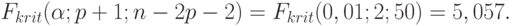 F_{krit}(\alpha ; p + 1; n - 2p - 2) = F_{krit}(0,01; 2; 50) = 5,057.