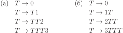 \begin{aligned}
     \text{(а)}\quad {T}&\to{0}\\
        {T} &\to{T1}\\
        {T} &\to{TT2}\\
        {T} &\to{TTT3}
  \end{aligned}\qquad\qquad
  \begin{aligned}
     \text{(б)}\quad {T}&\to{0}\\
        {T} &\to{1T}\\
        {T} &\to{2TT}\\
        {T} &\to{3TTT}
  \end{aligned}